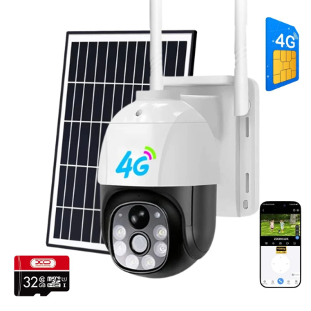 CAMERE SUPRAVEGHERE - Camera de Supraveghere 4G cartela Sim cu Panou Solar, Full HD 1080p, Rotativa, Alarma, Night Vision, Detectie umana, pentru Exterior, Card 32GB Inclus