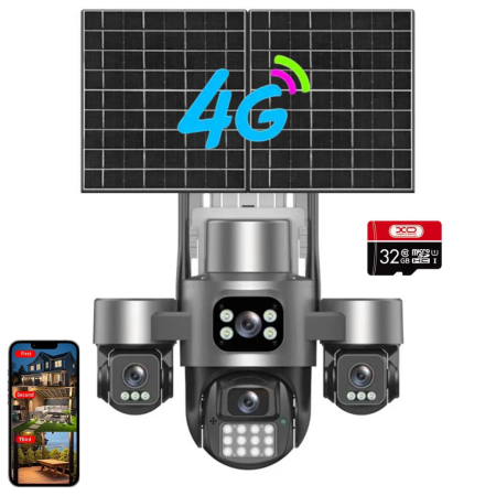 Camera de Supraveghere 4G cu 2x Panou Solar, 4 Lentile, PTZ 355°, AOV, Detectare Umana AI, Vedere Nocturna Color, Audio Bidirectional, IP66, Card 32GB Inclus