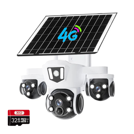 CAMERE SUPRAVEGHERE - Camera de Supraveghere 4G cu Panou Solar, 3 lentile, 12MP Ultra HD, Rotire 360°, Vedere Nocturna, Detectie Miscare, Card 32GB Inclus
