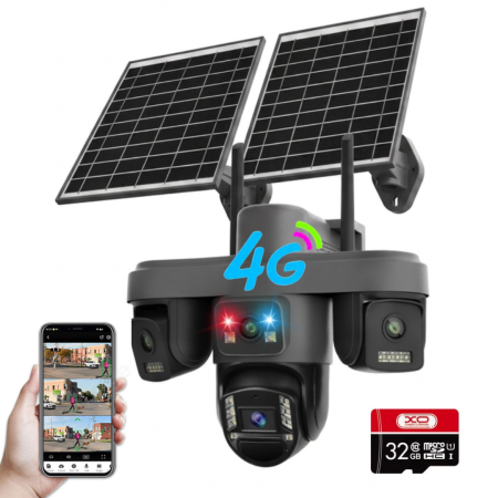 Camera de Supraveghere 4G Solara cu 4 Lentile, 2 Panouri Solare, PTZ 355°, 12MP, AOV, Detectare Uman, Vedere Nocturna Color, IP66, Card 32GB Cadou