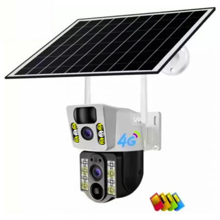 TOATE PRODUSELE - Camera Supraveghere Solara 4G Dubla, 2 lentile, Cartela SIM, 6 MP, Zoom 10X, Full HD 1080p, Panou Solar 9W Rezistenta La Apa IP 66, Alba
