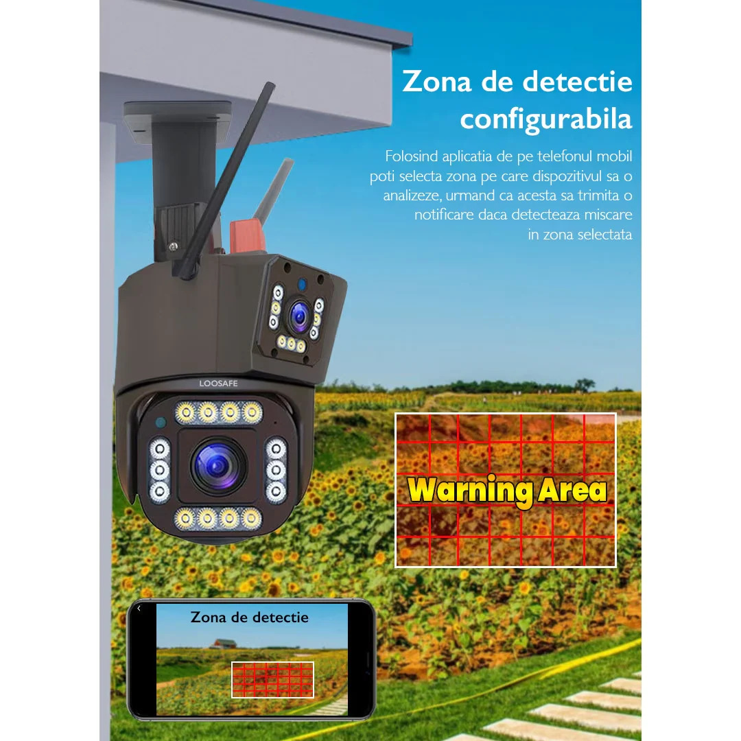 Camera WiFi/4G de Supraveghere Tripla, 12MP, Exterior, Ultra HD, Zoom 5X, Rotativa, Leduri, Microfon + Difuzor, Alarma, Senzor Miscare [5]