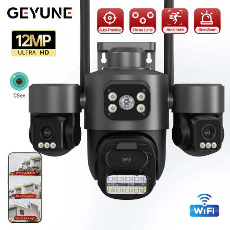 CAMERE SUPRAVEGHERE - Camera de Supraveghere WiFi 12MP PTZ cu 3 Lentile, Rotire 360°, Auto Tracking AI, Night Vision 30m, Audio Bidirectional, IP66, Card 32GB