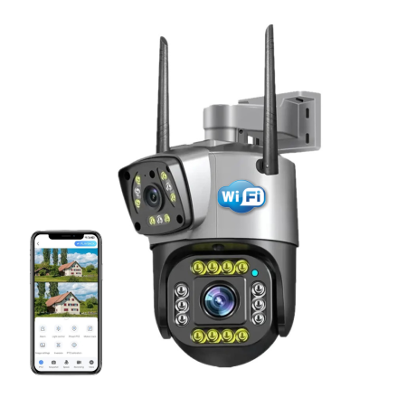 CAMERE SUPRAVEGHERE - Camera de Supraveghere WiFi cu 2 Lentile, Control din Telefon, Vedere Nocturna, Detectie Umana, Microfon si Difozr, Zoom