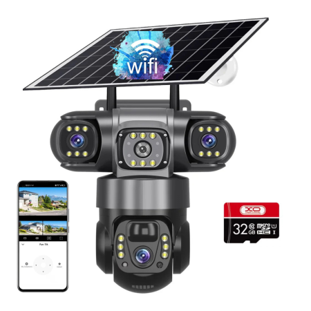 CAMERE SUPRAVEGHERE - Camera de Supraveghere WiFi cu Panou Solar, 3 Lentile, PTZ 355°, Zoom 10X, Vedere Nocturna, Detectie Umana, IP66, Card 32GB Inclus