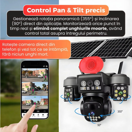Camera Supraveghere 4G 12MP cu Panou Solar, PTZ 355°, Detectare Miscare PIR, Vedere Nocturna, IP66, Monitorizare Exterior, Card 32GB Inclus [1]