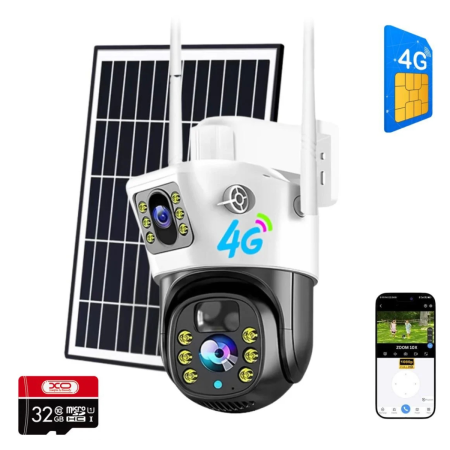 CAMERE SUPRAVEGHERE - Camera Supraveghere 4G Dubla cu Panou Solar, Ultra HD, Dual Camera 6MP, Incarcare Solara, Rotire Din Aplicatie, Infrarosu, Microfon si Difuzor, Card 32GB Inclus