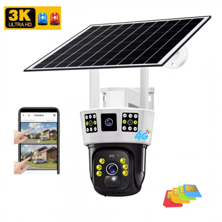 Camera Supraveghere 4G Tripla, Cartela Sim, 2 Lentile fixe si 1 mobila, Panou Solar, 6MP 3K, Rotativa, Microfon si Difuzor, Night Vision