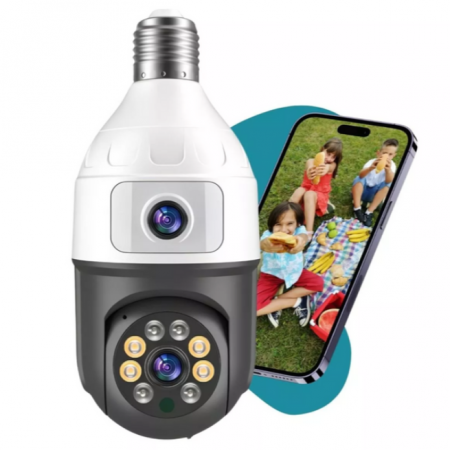 CAMERE SUPRAVEGHERE - Camera Supraveghere Dubla tip bec E27, Lentila fixa si mobila, 4 MP, Senzor de Miscare