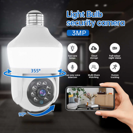 Camera Supraveghere tip bec E27, cu lumina bec led incorporata, Senzor de Miscare, Control din telefon [1]