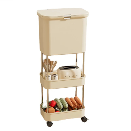 ARTICOLE BUCATARIE - Carucior Multifunctional de Bucatarie cu Cos de Gunoi si 3 Niveluri, Organizator Mobil cu Roti, Rafturi Depozitare, Structura Metalica Rezistenta