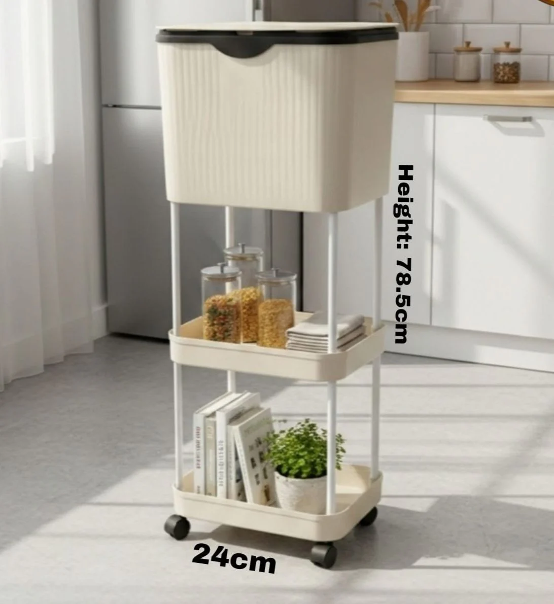 Carucior Multifunctional de Bucatarie cu Cos de Gunoi si 3 Niveluri, Organizator Mobil cu Roti, Rafturi Depozitare, Structura Metalica Rezistenta [9]