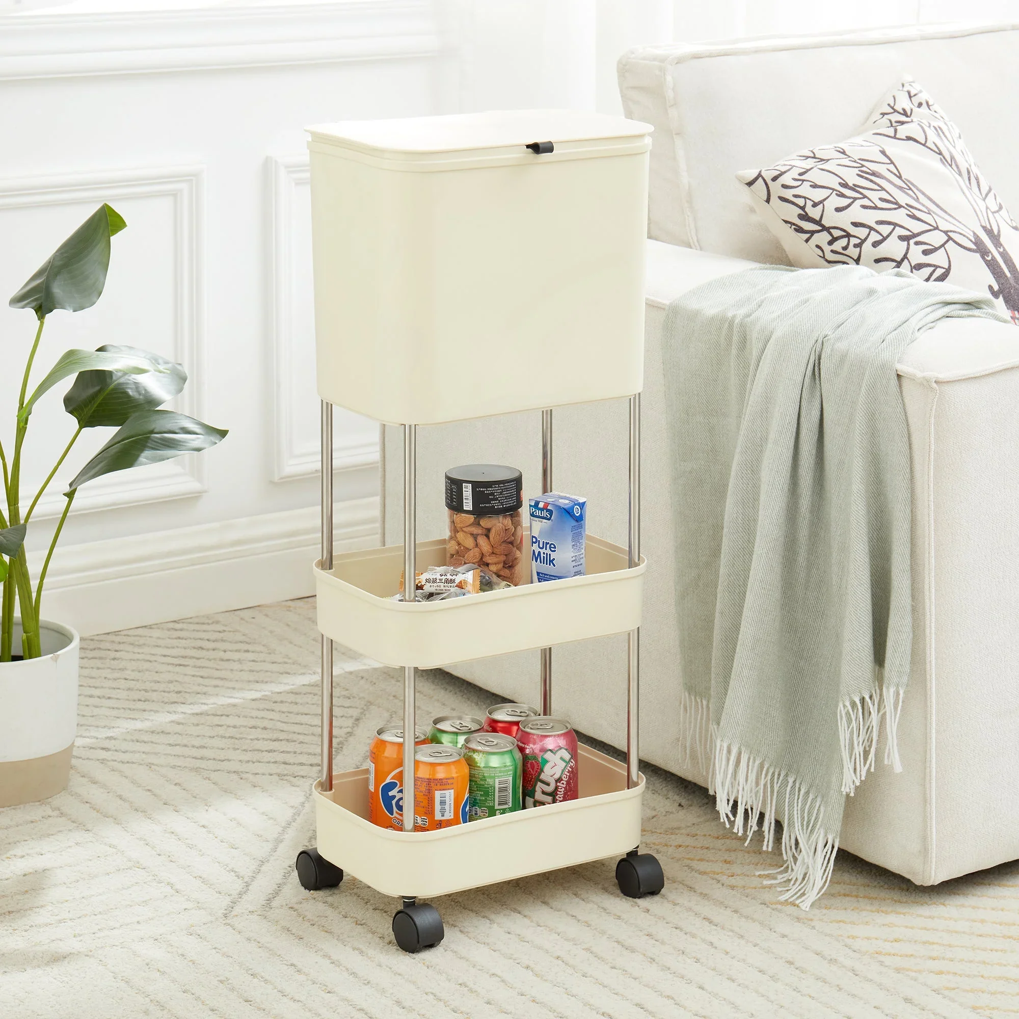 Carucior Multifunctional de Bucatarie cu Cos de Gunoi si 3 Niveluri, Organizator Mobil cu Roti, Rafturi Depozitare, Structura Metalica Rezistenta [2]