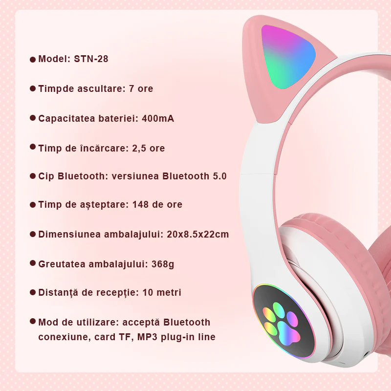 Casti wireless pliabile cu urechi de pisica iluminate LED pentru copii, Bluetooth 5.0, Bass Stereo, baieti/fete [1]