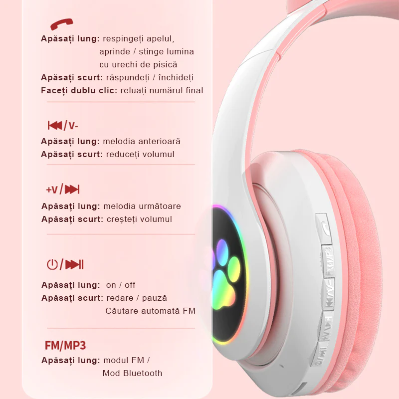 Casti wireless pliabile cu urechi de pisica iluminate LED pentru copii, Bluetooth 5.0, Bass Stereo, baieti/fete [1]