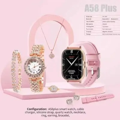 Ceas Smartwatch de dama + Ceas clasic Auriu cu pietre si Bratara, Colier, Inel si Cercei, Set de cadou, A58 plus [5]
