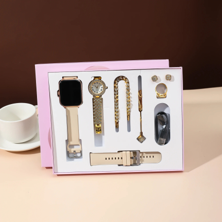 Ceas Smartwatch de dama + Ceas clasic Auriu cu pietre si Bratara, Colier, Inel si Cercei, Set de cadou, A58 plus [6]