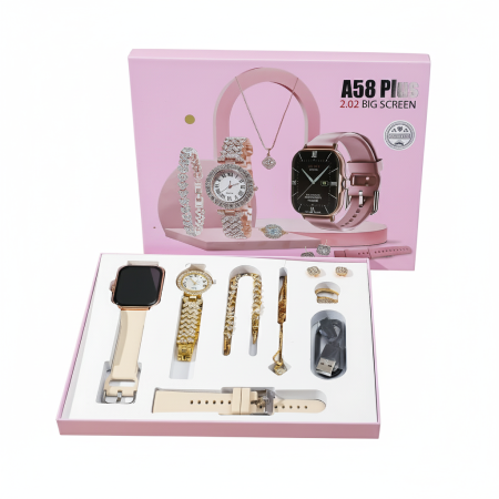 ELECTRONICE & GADGET - Ceas Smartwatch de dama + Ceas clasic Auriu cu pietre si Bratara, Colier, Inel si Cercei, Set de cadou, A58 plus