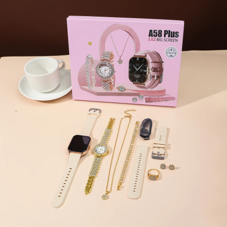 Ceas Smartwatch de dama + Ceas clasic Auriu cu pietre si Bratara, Colier, Inel si Cercei, Set de cadou, A58 plus [4]
