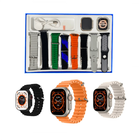 TOATE PRODUSELE - Ceas SmartWatch Ultra Plus + 8 curele de schimb, Apel Bluetooth, Incarcator Wireless, metal, Notificari Apel si Retele Sociale, Oximetru, Ritm Cardiac si Tensiune Arteriala