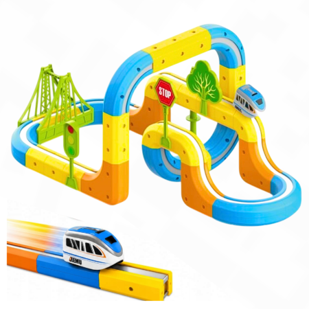 Circuit Magnetic 3D pentru Copii, Monorail cu Masinuta Electrica, 55 Piese, Bucle 360°, Pod Suspendat, 3+ Ani