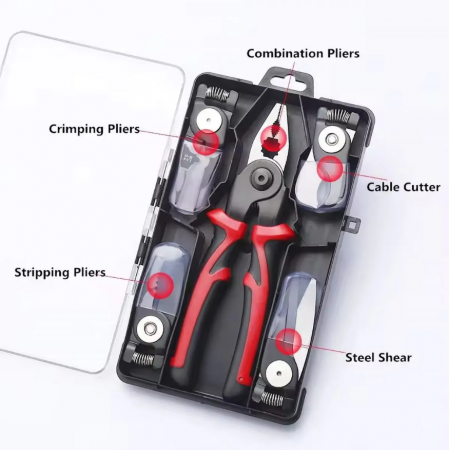 Cleste multifunctional 5 in 1 cu capete interschimbabile, Patent, Taietor Cablu, Dezizolator, Cleste Sertizare, Foarfeca de tabla, izolat electric [11]