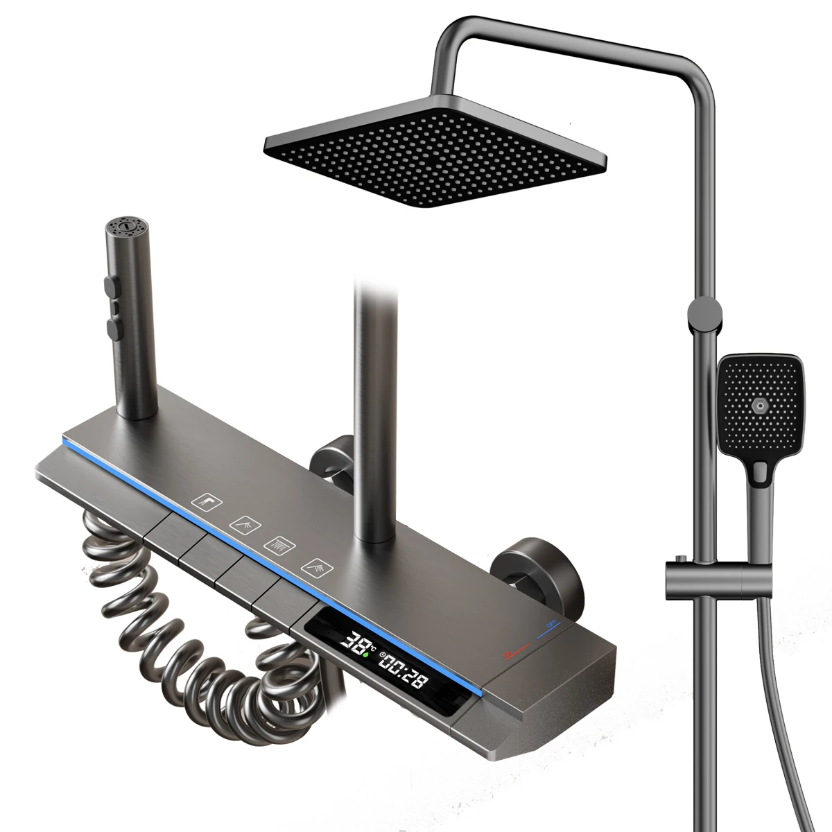 Coloana cu Baterie Dus cu Lumini LED, 4 Moduri de Curgere a apei, Premium, Crom Satinat (Gri)