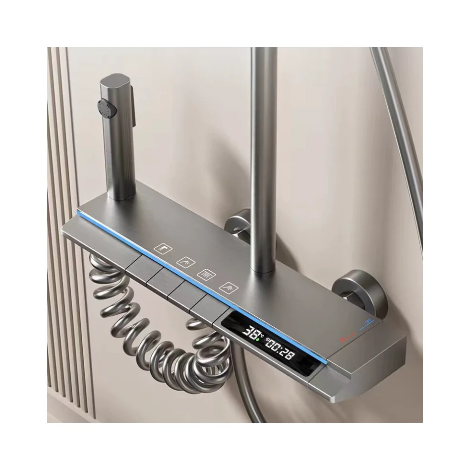 Coloana cu Baterie Dus cu Lumini LED, 4 Moduri de Curgere a apei, Premium, Crom Satinat (Gri) [9]