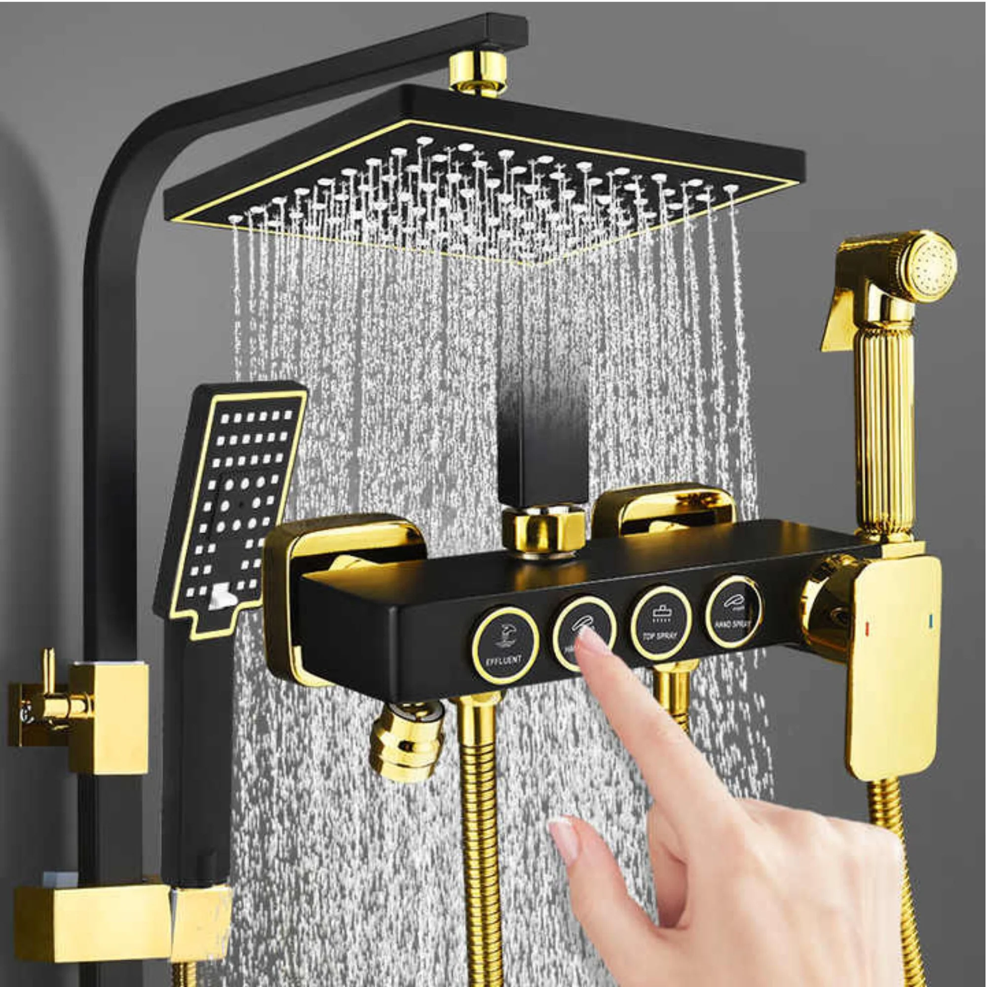 Coloana de Dus Premium, negru mat cu auriu, din alama, dus tip ploaie, dus de mana si bideu, raft accesorii, control din butoane