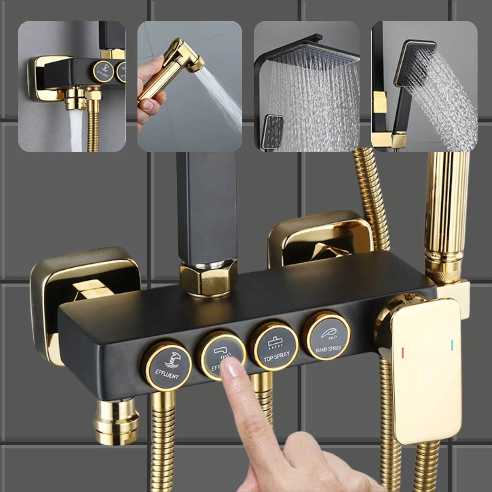 Coloana de Dus Premium, negru mat cu auriu, din alama, dus tip ploaie, dus de mana si bideu, raft accesorii, control din butoane [5]