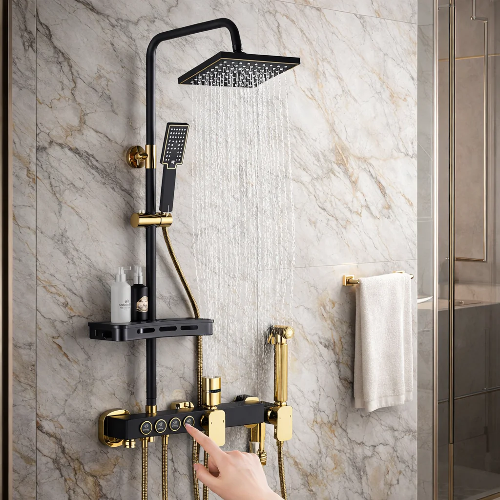 Coloana de Dus Premium, negru mat cu auriu, din alama, dus tip ploaie, dus de mana si bideu, raft accesorii, control din butoane [1]