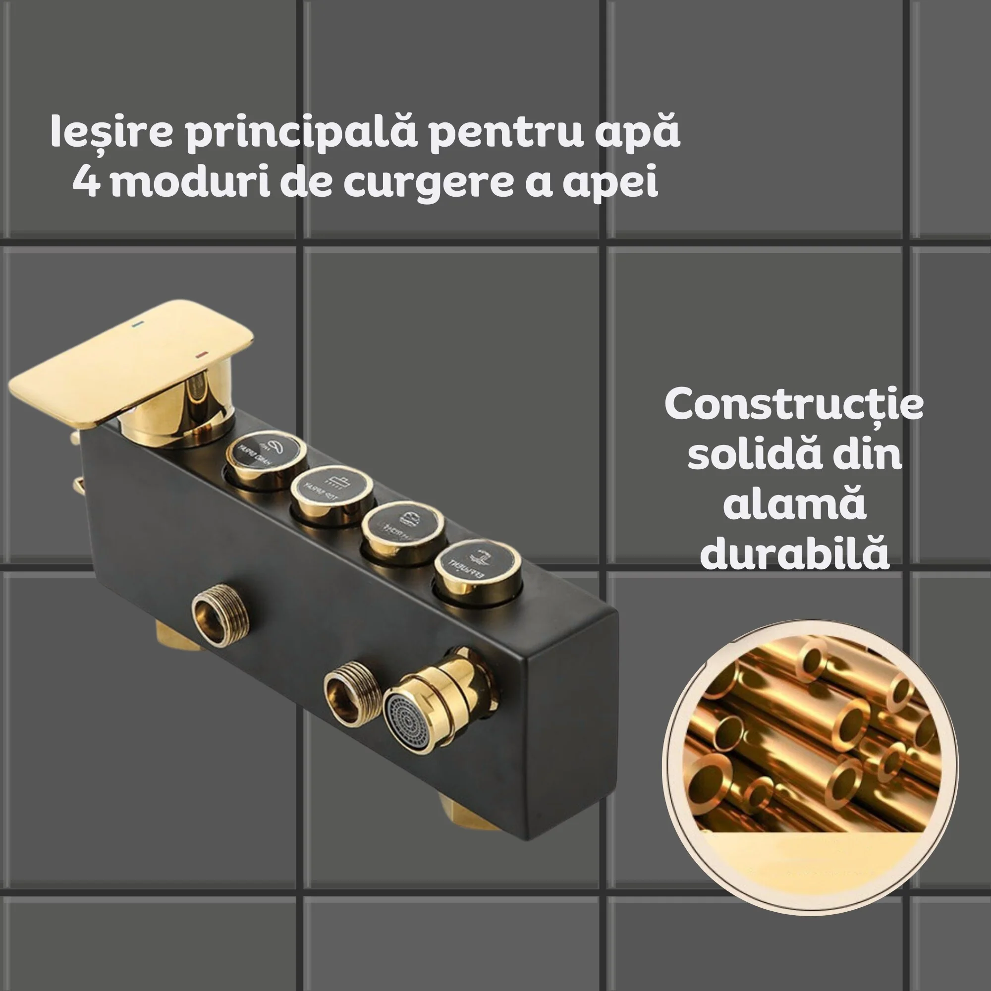 Coloana de Dus Premium, negru mat cu auriu, din alama, dus tip ploaie, dus de mana si bideu, raft accesorii, control din butoane [7]
