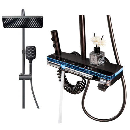 ARTICOLE BAIE - Coloana de Dus Smart cu LED si Termostat, 4 Moduri, Butoane de Selectie, Sistem Ploaie, Finisaj Negru cu Gri