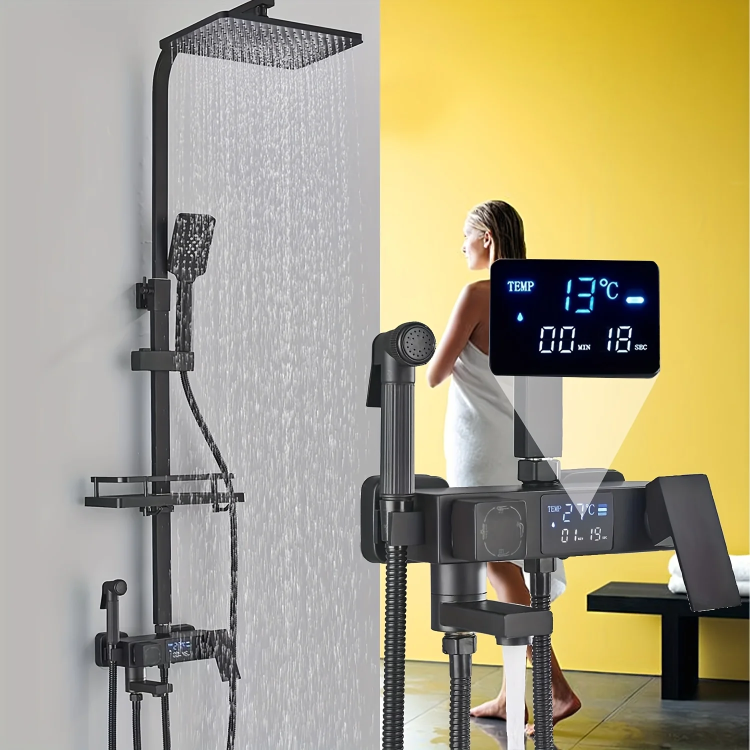 Coloana Dus cu Baterie Integrata, Bideu si Afisaj Digital LCD, 5 Functii, Inaltime Reglabila, Negru Mat, Montaj Perete [0]