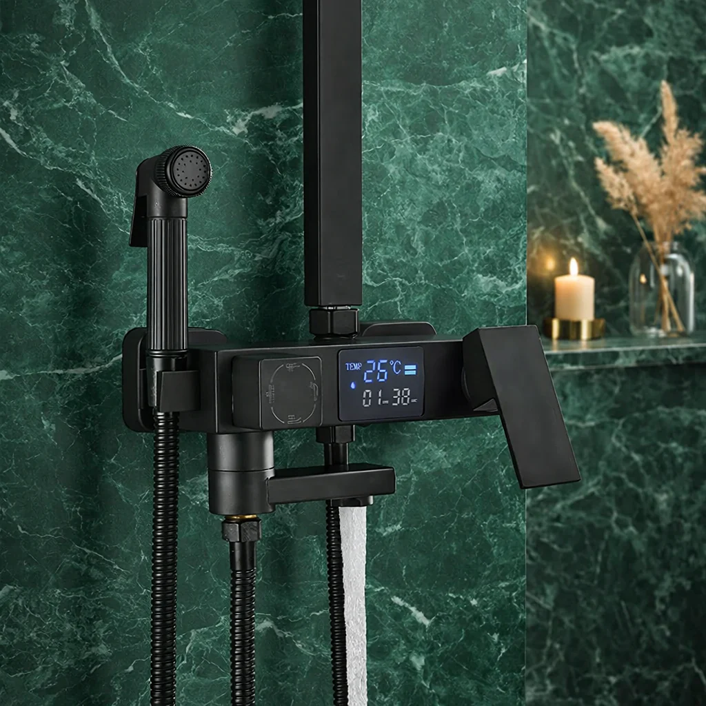 Coloana Dus cu Baterie Integrata, Bideu si Afisaj Digital LCD, 5 Functii, Inaltime Reglabila, Negru Mat, Montaj Perete [2]