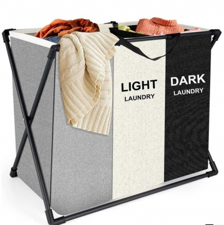 Cos de rufe murdare cu 3 compartimente, pliabil, pentru sortare si organizare haine la baie, material textil, cadru aluminiu, dimensiuni 62 x 34 x 56 cm