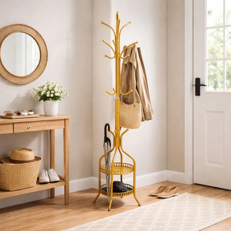 Cuier de Podea Auriu, Agatatori Multiple, 2 Rafturi Depozitare, Design Vertical Compact, Stabil si Rezistent [0]