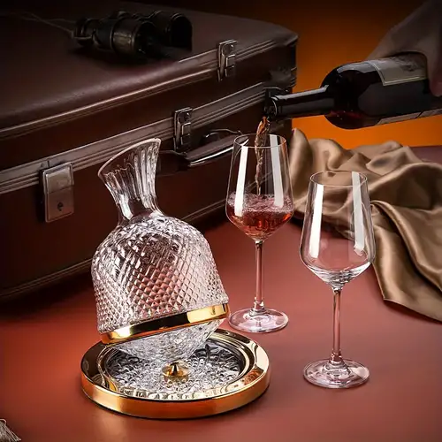 Decantor de vin rotativ de lux, din sticlă transparentă, 2 pahare incluse, set elegant pentru iubitorii de vin