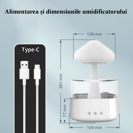 Difuzor Aromaterapie 4 in 1, Sunete picaturi apa, 7 culori, forma de ciuperca, Varianta MARE, Alb [11]