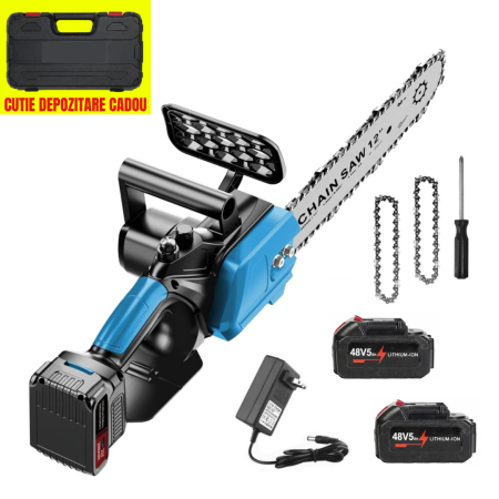 ARTICOLE GRADINA - Drujba Electrica cu 2 Acumulatori 48V 5Ah, Mini Fierastrau cu Lant 12”/30cm, Sistem Ungere cu Ulei, pentru Lemn, Puternica si Portabila