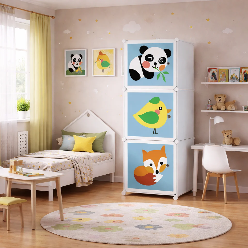 Dulap Modular pentru Copii cu Desene Animate, 3 Compartimente, Organizator Haine si Jucarii, Design Colorat, Montaj Rapid [1]