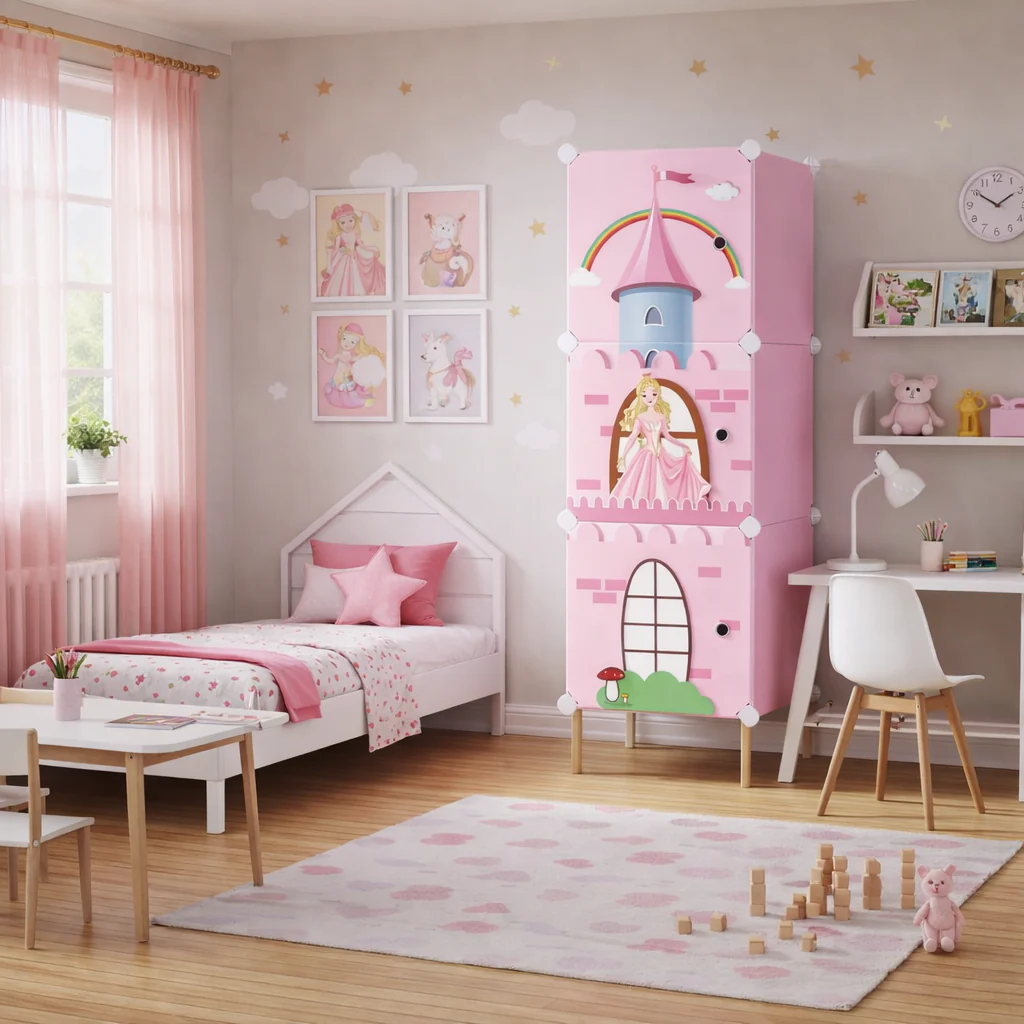 Dulap Modular pentru Copii cu Desene Animate, 3 Compartimente, Organizator Haine si Jucarii, Design Colorat, Montaj Rapid [5]