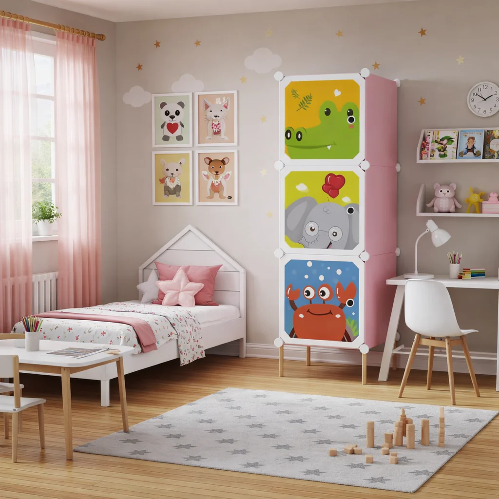Dulap Modular pentru Copii cu Desene Animate, 3 Compartimente, Organizator Haine si Jucarii, Design Colorat, Montaj Rapid [3]