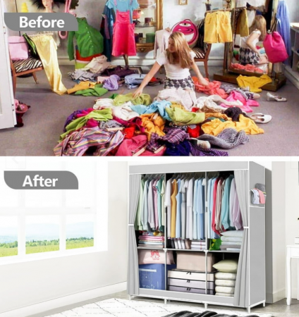 Dulap pentru Haine, Dressing din panza cu schelet metalic, 105x45x170 cm, Gri [3]