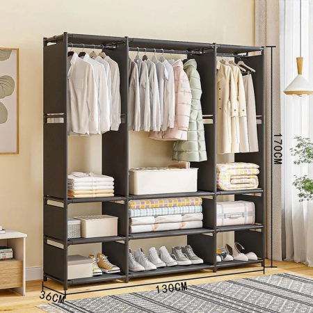 Dulap textil pentru haine cu bara si rafturi, 170x130x36 cm, organizator dressing, spatiu depozitare mare [5]
