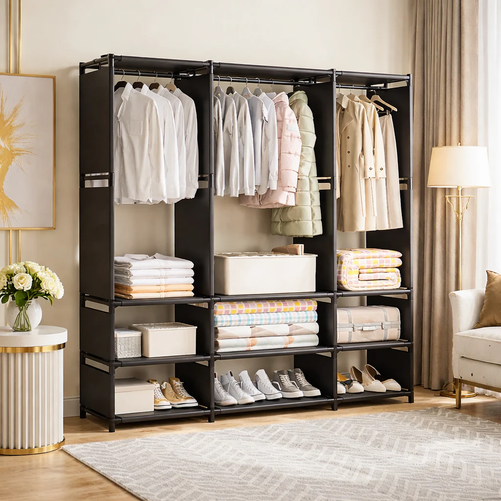Dulap textil pentru haine cu bara si rafturi, 170x130x36 cm, organizator dressing, spatiu depozitare mare