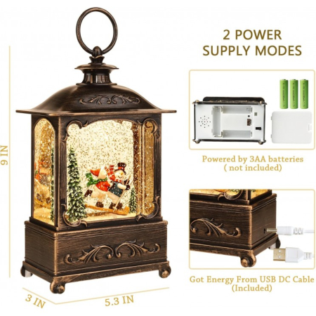 Felinar de Craciun tip Semineu, cu Figurine, Efect de Ninsoare, Luminos si Muzical, Incarcare USB/Baterii [8]