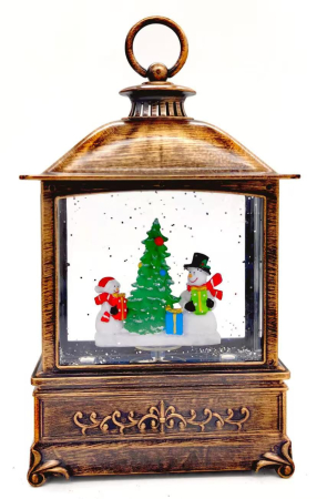 DECORATIUNI CRACIUN - Felinar de Craciun tip Semineu, cu Figurine, Efect de Ninsoare, Luminos si Muzical, Incarcare USB/Baterii