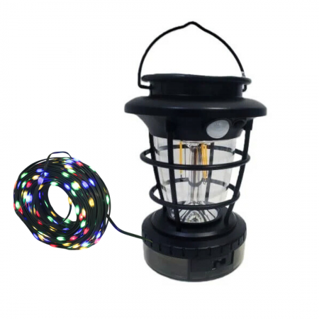LAMPI SOLARE - Felinar de gradina cu incarcare solara, senzor de miscare + sir cu lumini led 10M integrat