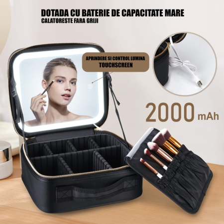 Geanta Cosmetice Pentru Make-up cu Oglinda LED cu Touch, 26x23x11 cm [3]